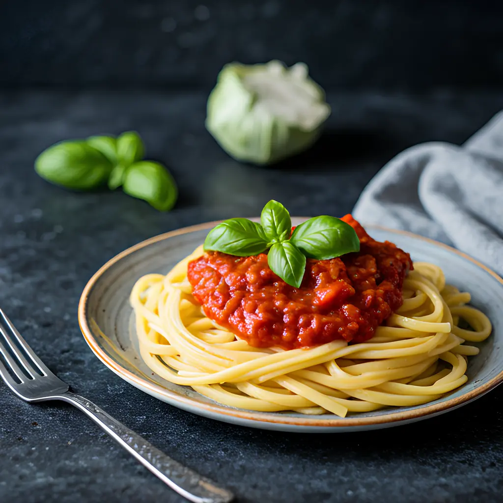 Photo of the signature pasta dish on a plate in the kitchen